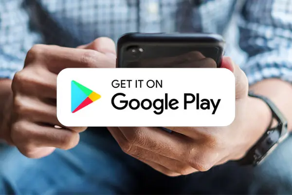 Man holding phone with Google Play download icon imposed over image